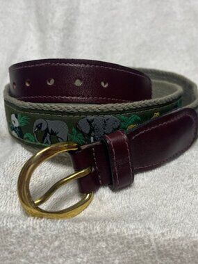 Safari Olive Green Ribbon Canvas Leather Belt Gorilla Panda Rhino CheetahSize:34